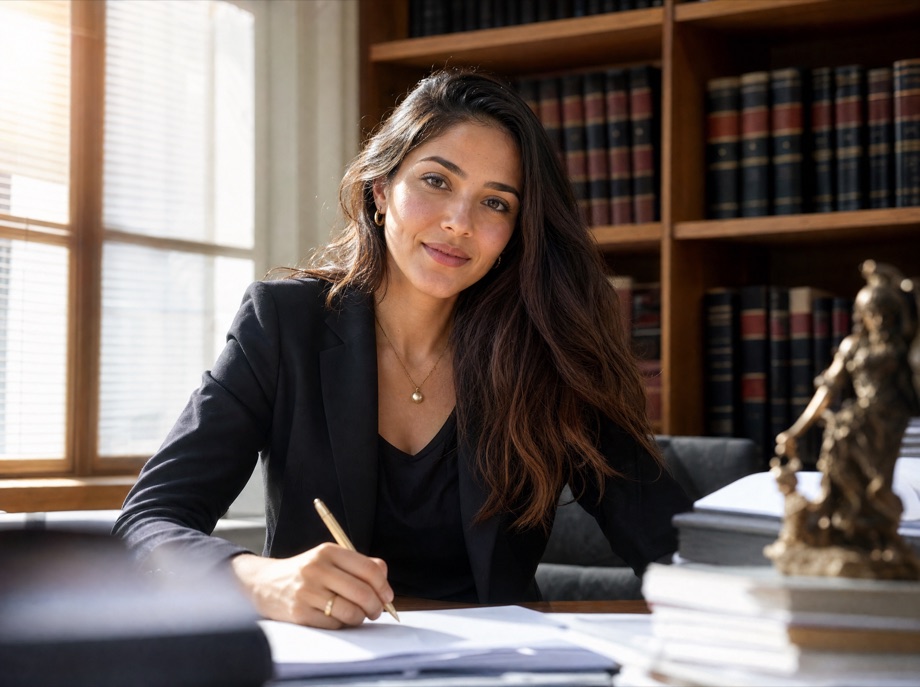 Advogada atendendo um cliente na mesa do escritório