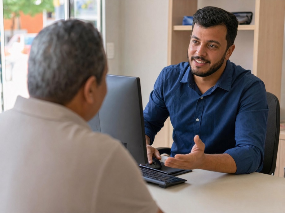 Correspondente bancário atendendo um cliente pelo celular