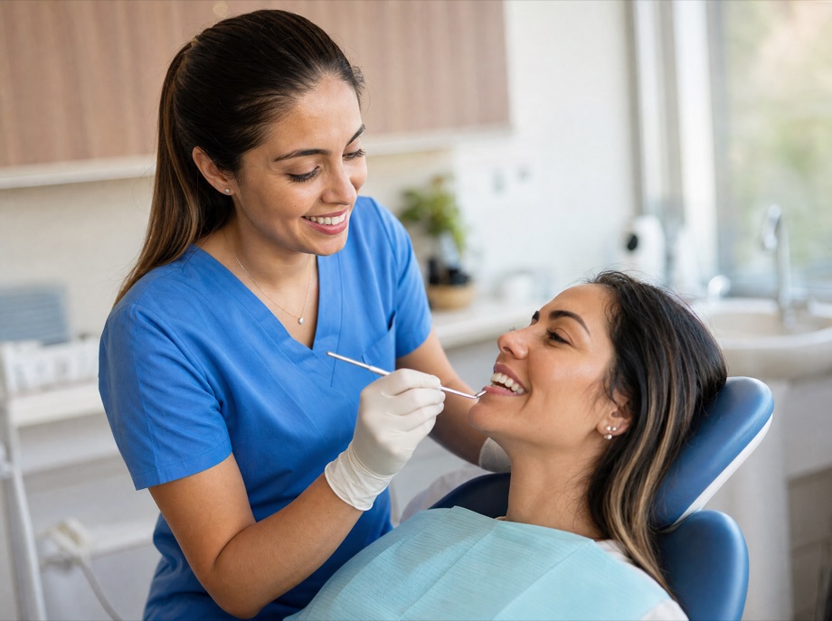 Dentista atendendo uma paciente em consultório