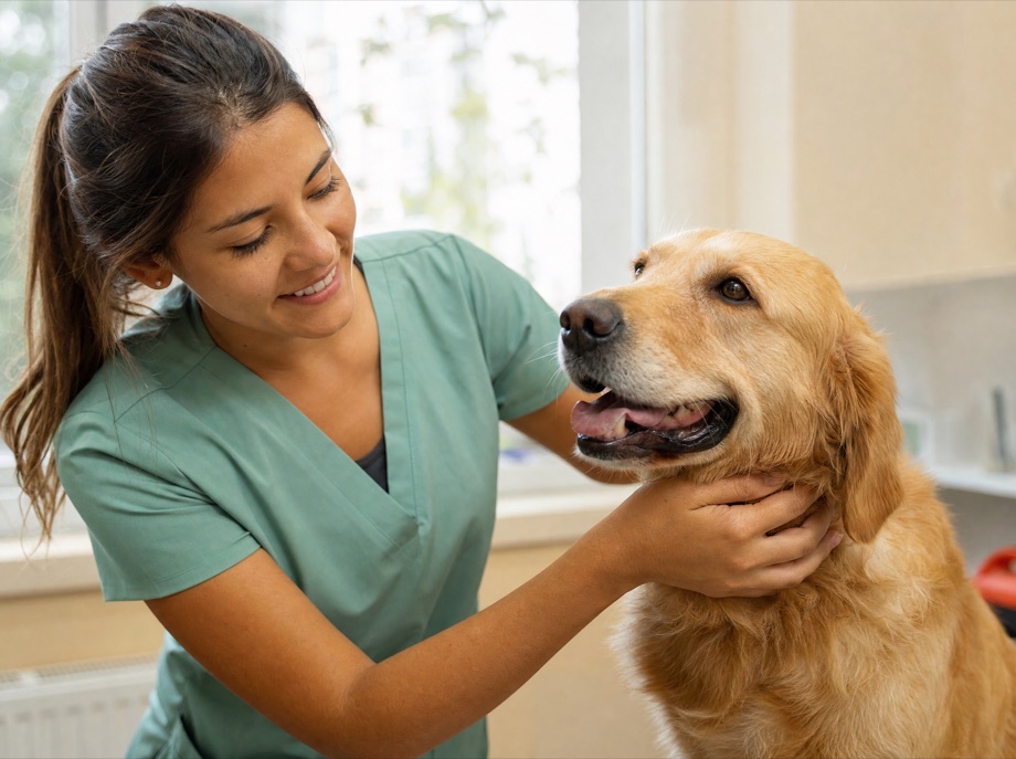 Veterinária examinando um cachorro na clínica